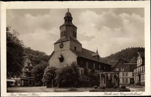 Ak Bad Grund im Harz, Kirche, Kriegerdenkmal