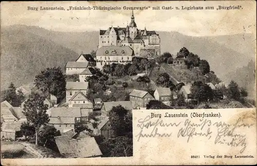 Ak Lauenstein Ludwigsstadt in Oberfranken, Burg, Blick auf den Ort, Gasthaus Burgfried