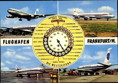 Ak Frankfurt am Main, Flughafen, Weltzeituhr, Passagierflugzeuge