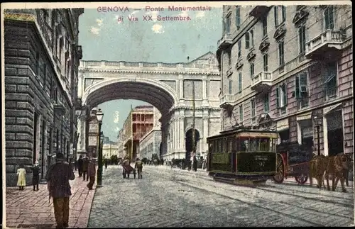 Ak Genova Genua Liguria, Ponte Monumentale di Via XX Settembre, Straßenbahn-Linie Nr. 7