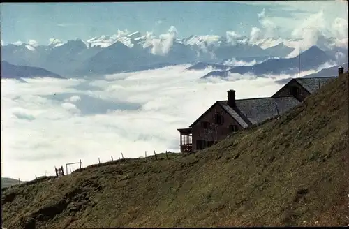 Ak Kitzbühel in Tirol, Partie am Gipfelhaus vom Kitzbüheler Horn, Blick auf Großvenedigergruppe