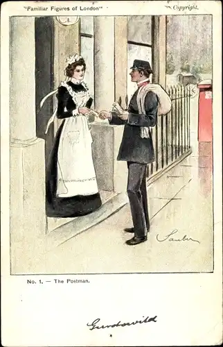 Künstler Ak Familiar Figures of London, The Postman, Postbote, Dienstmädchen