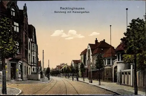 Ak Recklinghausen im Ruhrgebiet, Blick in den Sandweg, Eingang zum Kaisergarten