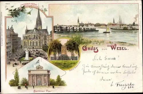 Litho Wesel am Niederrhein, Stadt, großer Markt, Berliner Tor, Kirche