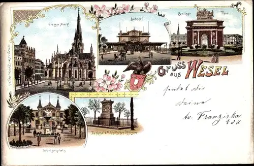 Litho Wesel am Niederrhein, Glückwunsch Neujahr, Berliner Tor, Wappen, Bahnhof, Schützenplatz