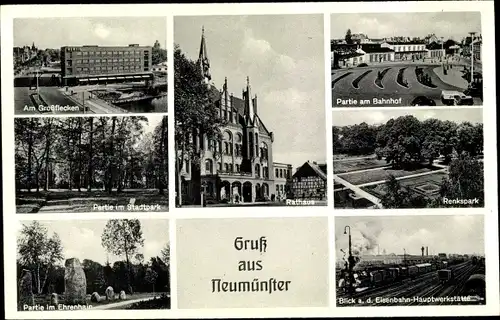 Ak Neumünster in Holstein, Rathaus, Renkspark, Am Großflecken, Bhnhof, Ehrenhain, Stadtpark