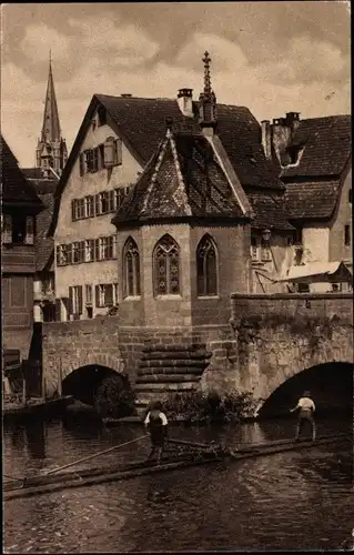 Ak Calw im Nordschwarzwald, Flusspartie, Brücke, Nikolauskapelle, Flößer