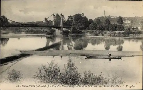 Ak Gennes Maine et Loire, Vue des Ponts suspendus et de la Loire vers Saint Eusebe
