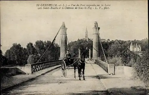 Ak Gennes Maine et Loire, Vue du Pont suspendu sur la Loire vers Saint Eusebe et le Chateau