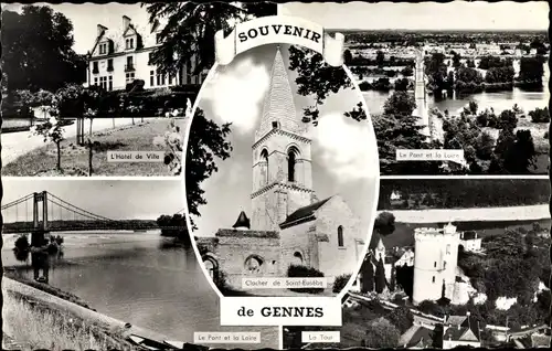 Ak Gennes Maine et Loire, L'Hotel de Ville, La Tour, Le Pont, Clocher de Saint Eusebe