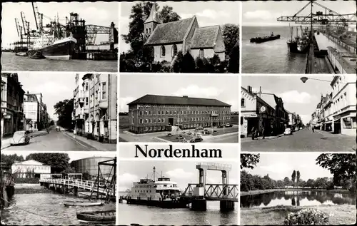 Ak Nordenham in Oldenburg, Kirche, Midgard Pier, Hafen, Straßen, Fähre