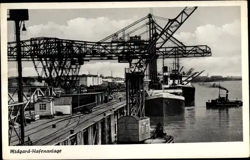 Ak Nordenham in Oldenburg Niedersachsen, Midgard Pier, Hafenanlage, Kräne, Dampfer