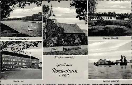 Ak Nordenham in Oldenburg, Kirche, Strandhalle, Rathaus, Weserfähre, Gate Teich