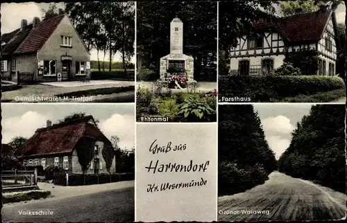 Ak Harrendorf Hagen im Bremischen Niedersachsen, Gemischtwarenhandlung, Ehrenmal, Volksschule