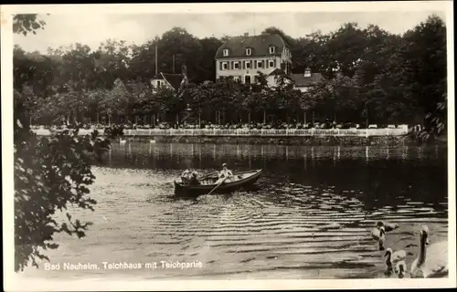 Ak Bad Nauheim in Hessen, Teichhaus mit Teichpartie, Ruderboot, Schwäne