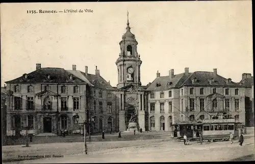 Ak Rennes Ille et Vilaine, Hotel de Ville, tramway