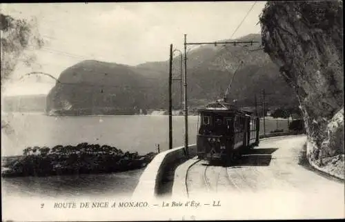 Ak Èze Alpes Maritimes, La Baie d'Èze, Route de Nice a Monaco, tramway TNL