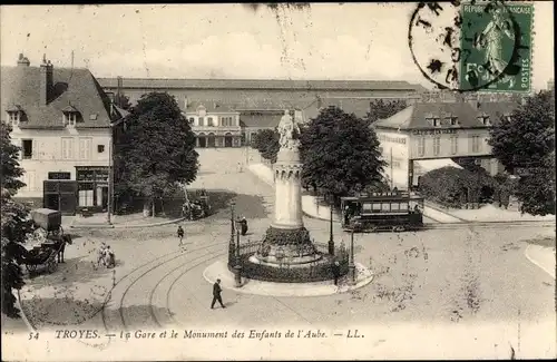 Ak Troyes Aube, La Gare, Le Monument des Enfants de l'Aube