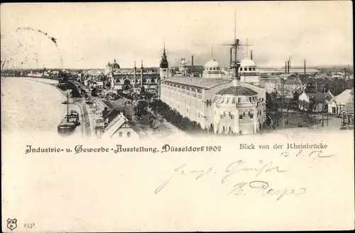 Ak Düsseldorf, Blick v. d. Rheinbrücke, Gewerbe 1902