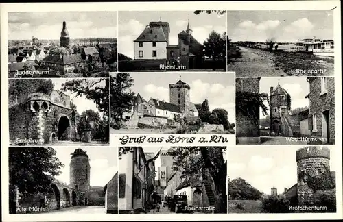 Ak Zons Dormagen Niederrhein, Juddenturm, Schlossruine, Alte Mühle, Krötschenturm, Rheinturm