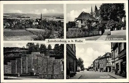 Ak Fröndenberg an der Ruhr, Stiftskirche, Alleestraße, Kriegerdenkmal, Gesamtansicht der Stadt