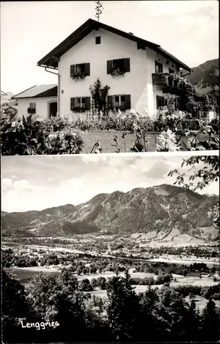 Ak Lenggries in Oberbayern, Wohnhaus, Blick auf den Ort mit Umgebung