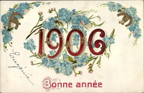 Präge Ak Glückwunsch Neujahr, Jahreszahl 1906, Vergissmeinnicht, Hufeisen