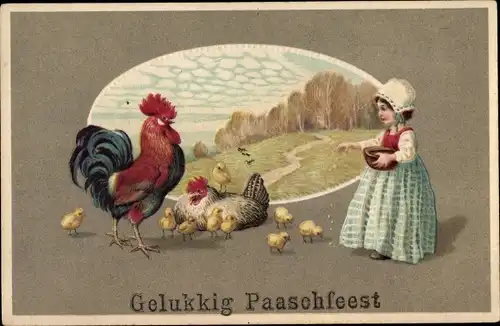 Präge Ak Glückwunsch Ostern, Mädchen füttert Hühner, Hahn, Küken