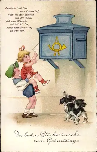 Ak Glückwunsch Geburtstag, Kinder am Postbriefkasten, Hund