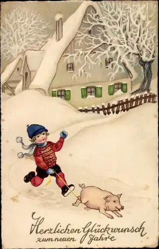 Ak Glückwunsch Neujahr, Kind mit Schwein an der Leine