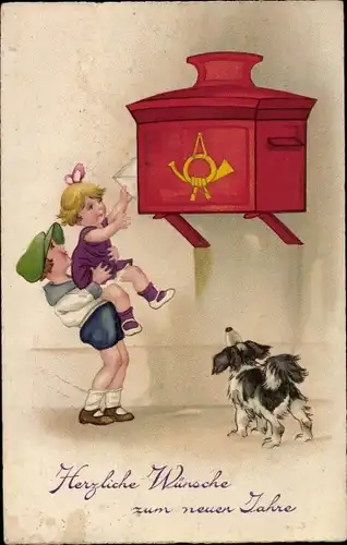 Ak Glückwunsch Neujahr, Kinder am Postbriefkasten, Hund
