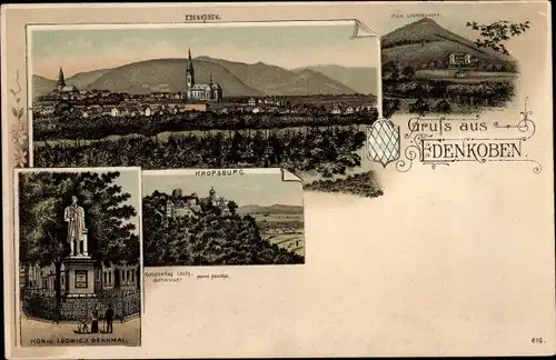 Litho Edenkoben an der Haardt Pfalz, Panorama, Kropsburg, König Ludwig I. Denkmal, Villa