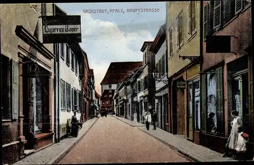 Ak Grünstadt im Kreis Bad Dürkheim, Blick in die Hauptstraße, Tabakladen Bauer, Hutmacher