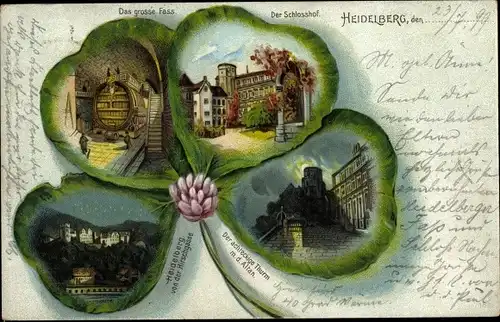 Präge Kleeblatt Litho Heidelberg, Schlosshof, Großes Fass, achteckiger Turm, Altan, Hirschgasse