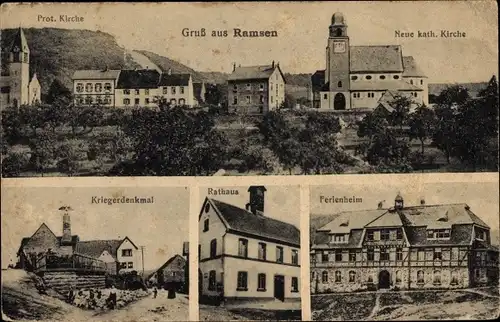 Ak Ramsen in der Pfalz, Kriegerdenkmal, Rathaus, Ferienheim, Katholische Kirche