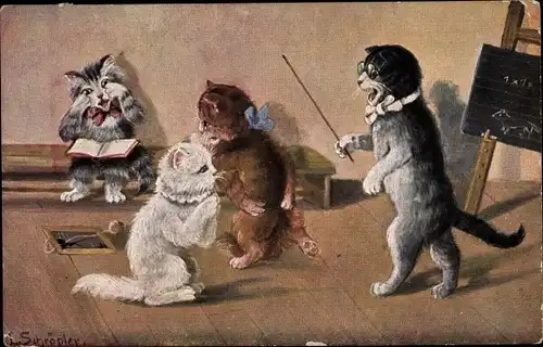 Künstler Ak Schröder, Vermenschlichte Katzen in der Schule, Lehrer, Tafel