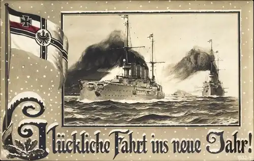 Passepartout Ak Glückwunsch Neujahr, Deutsche Kriegsschiffe, Fahne