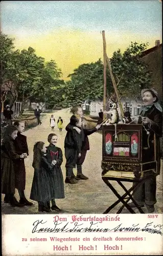 Ak Glückwunsch Geburtstag, Leierkastenspieler