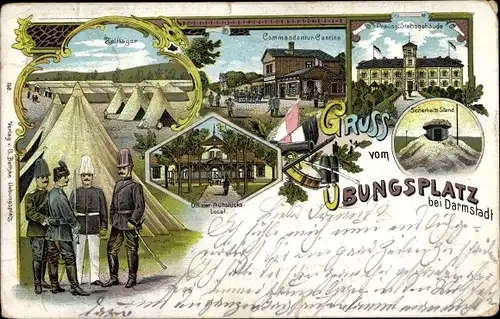 Litho Darmstadt, Zeltlager, Übungsplatz, Commandantur Kantine, Preuß. Stabsgebäude