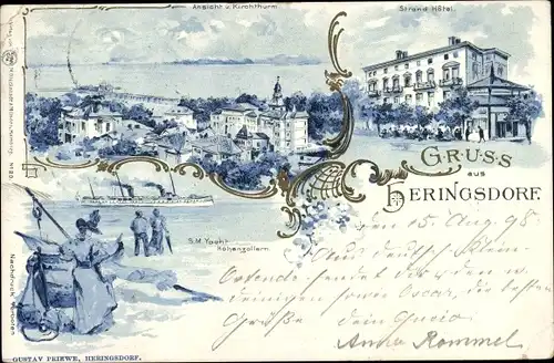 Litho Ostseebad Heringsdorf auf Usedom, Strandhotel, Panorama vom Kirchturm aus, SMY Hohenzollern