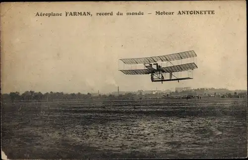 Ak Aeroplane Farman, record du monde, Moteur Antoinette, Doppeldecker