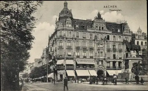 Ak Aachen in Nordrhein Westfalen, Theaterplatz, Cafe Bristol, Reiterstandbild