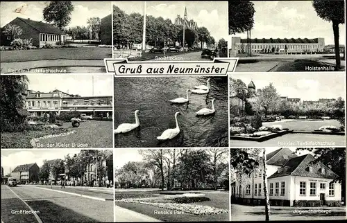 Ak Neumünster in Schleswig Holstein, Textilfachschule, Großflecken, Holstenhalle, Renck's Park