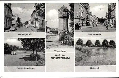 Ak Nordenham in Oldenburg Niedersachsen, Hansingstraße, Bahnhofstraße, Gateteich, Wasserturm