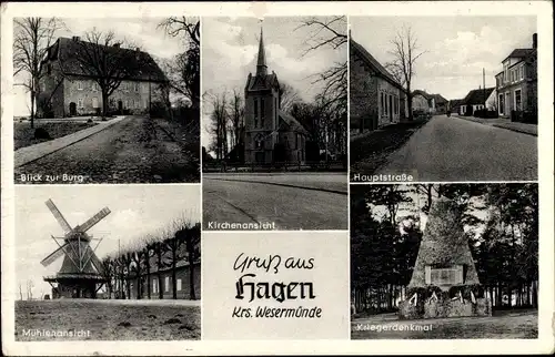 Ak Hagen im Bremischen, Windmühle, Kriegerdenkmal, Burg, Kirche, Hauptstraße