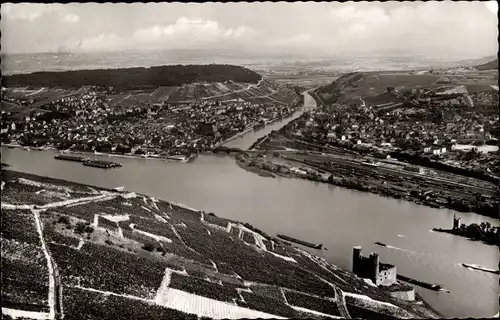 Ak Bingen am Rhein, Blick auf Ehrenfels, Mäuseturm und Nahemündung