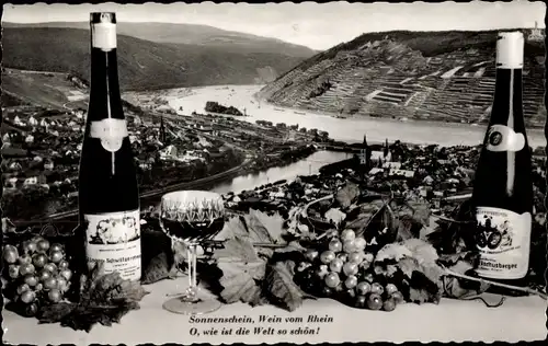 Ak Bingen am Rhein, Gesamtansicht, Weinflaschen, Reben