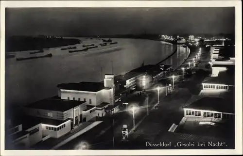 Ak Düsseldorf Niederrhein, Gesolei bei Nacht, Blick auf den Rhein