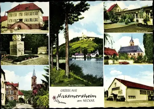 Ak Hassmersheim Haßmersheim am Neckar, Burg Hornberg, Kirche, Schule, Turnhalle, Denkmal, Rathaus