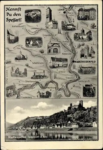 Landkarten Ak Stadtprozelten am Main Unterfranken, Burg, Spessart, Lohr, Marktheidenfeld, Rothenbuch